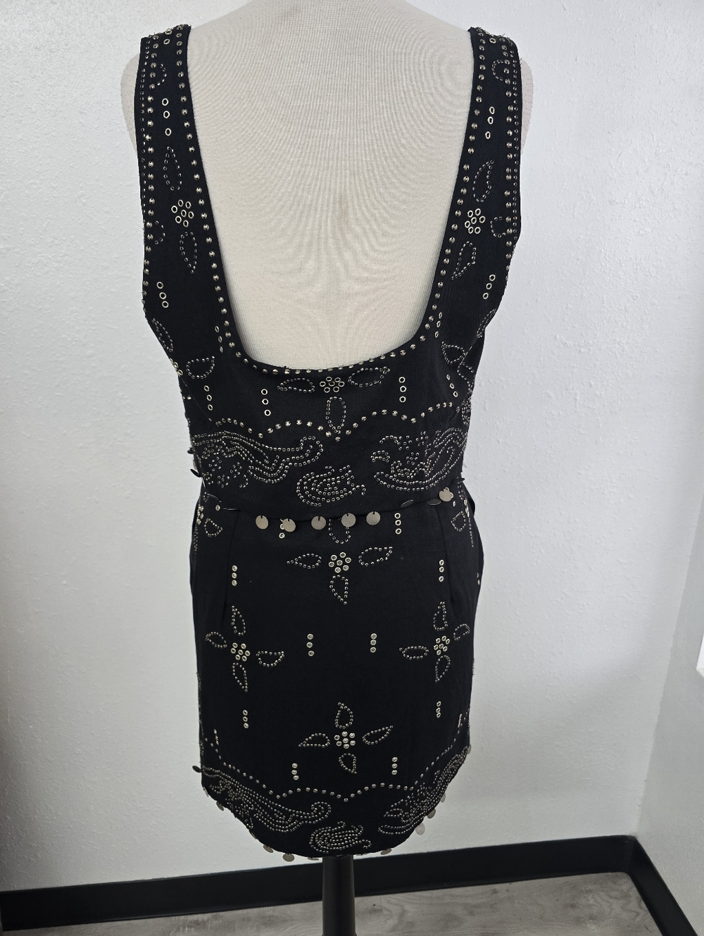 FREE PEOPLE Seven Wishes Black Cotton Pewter Riveted Mini Dress NWOT Womens Sz L - Picture 6 of 11